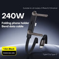240W Schnelllade-Kabel mit faltbarem Handy-Ständer – Typ-C auf Typ-C, inkl. Winkeladapter