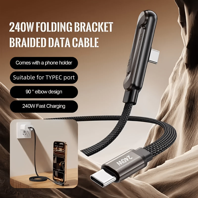 240W Schnelllade-Kabel mit faltbarem Handy-Ständer – Typ-C auf Typ-C, inkl. Winkeladapter