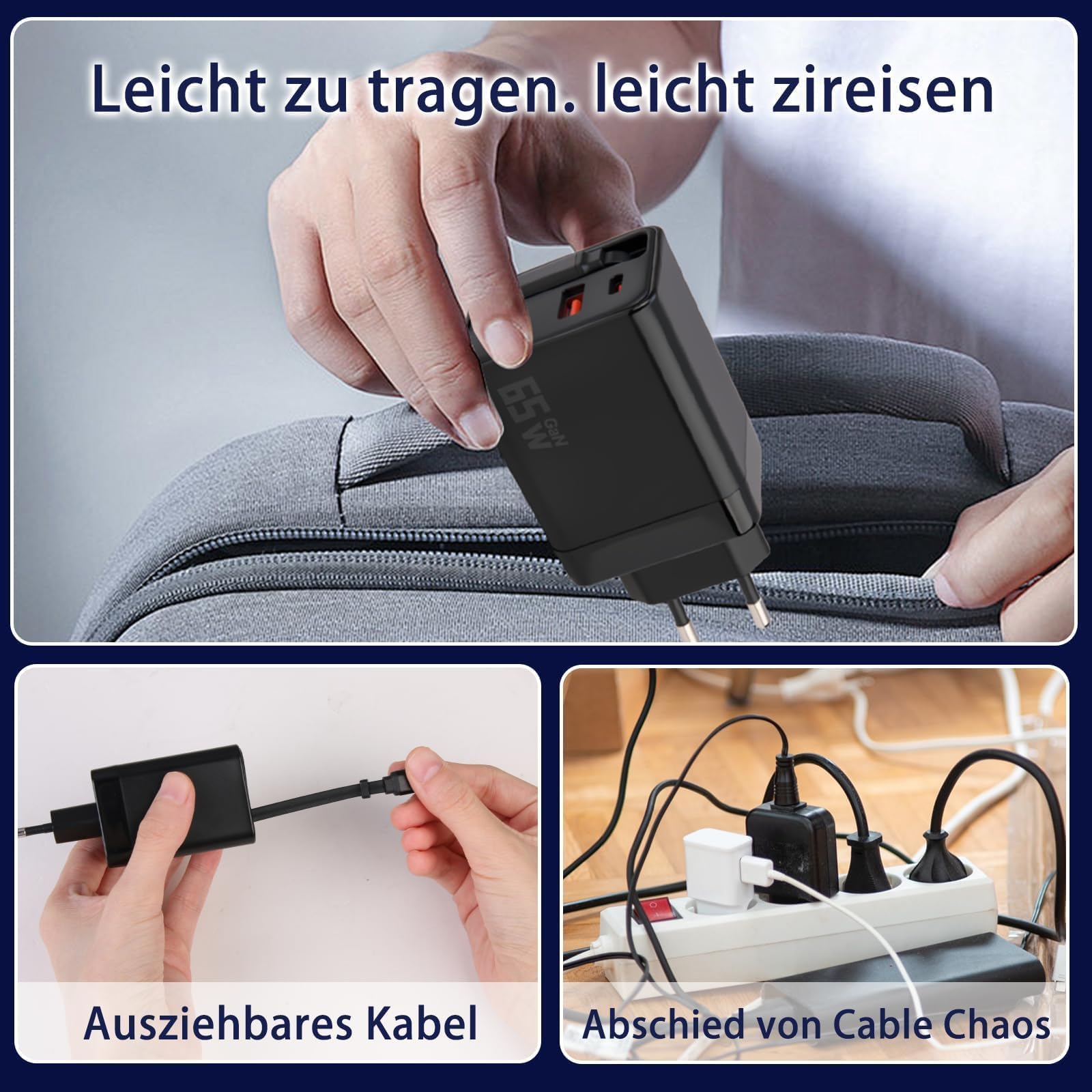 Ultra-Schnellladegerät 65W mit 3x USB-C – Für iPhone, Galaxy, iPad, Switch & Laptop